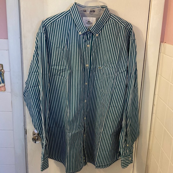 LACOSTE Regular Fit 45 Green White Striped Button-down Shirt NWOT - Picture 1 of 6